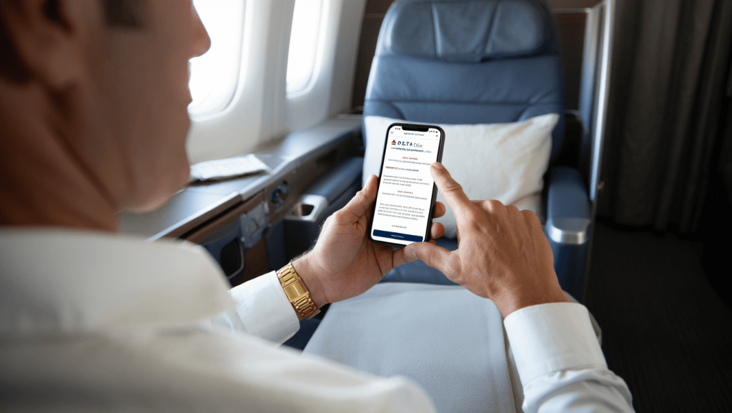 delta one suite with amenities on the seat and a menu on the console
