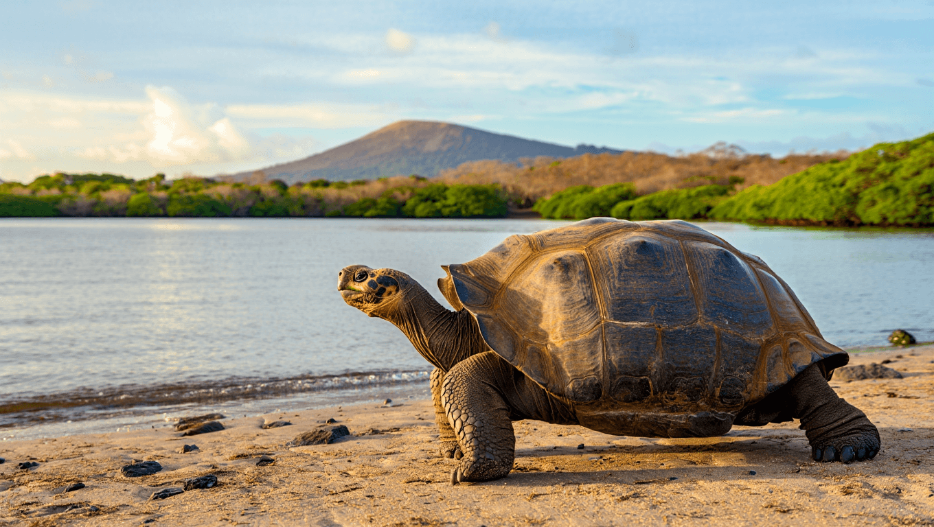 A Galápagos giant tortoise pauses long enough for a portrait... and maybe even a smile, Isabela Island, Galápagos.