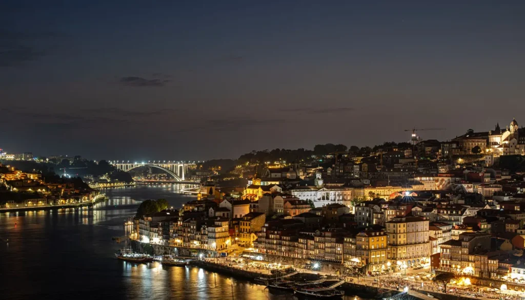 Assiette de poisson grillé et verre de vin du Douro sur une terrasse face au fleuve Douro et aux ponts historiques de Po