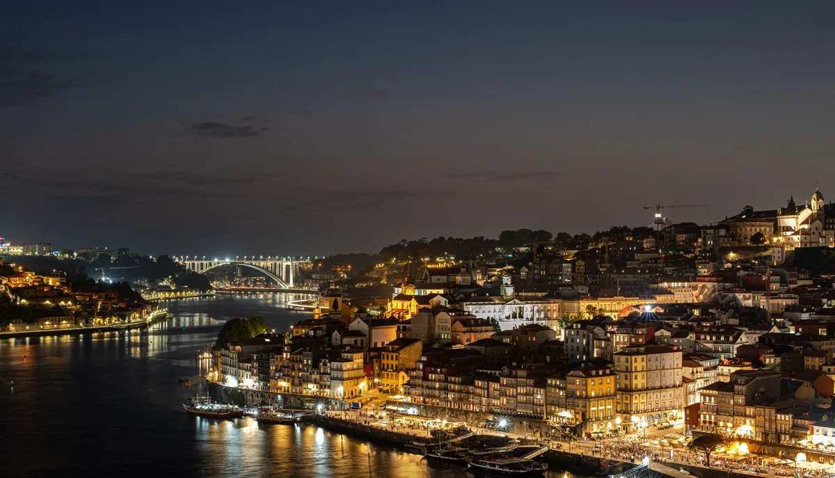 Assiette de poisson grillé et verre de vin du Douro sur une terrasse face au fleuve Douro et aux ponts historiques de Po