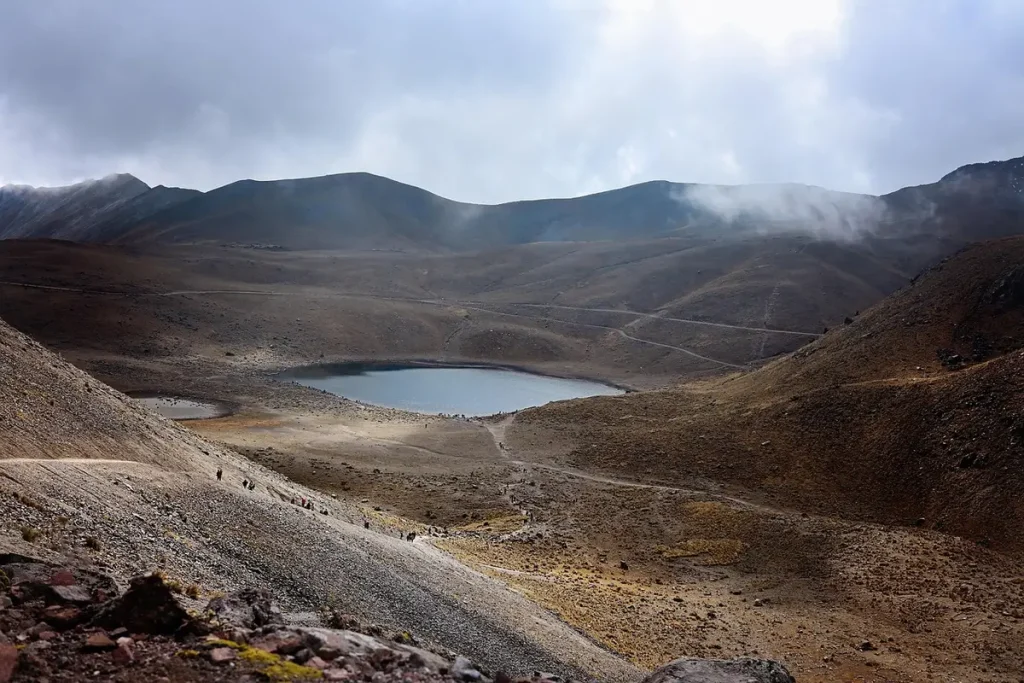 Sentier volcanique bordé d'arbres et vue sur le lac Arenal en plein jour