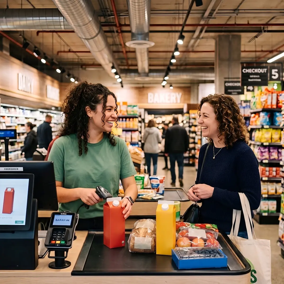 Main tenant une carte bancaire au-dessus d'articles de courses et un reçu